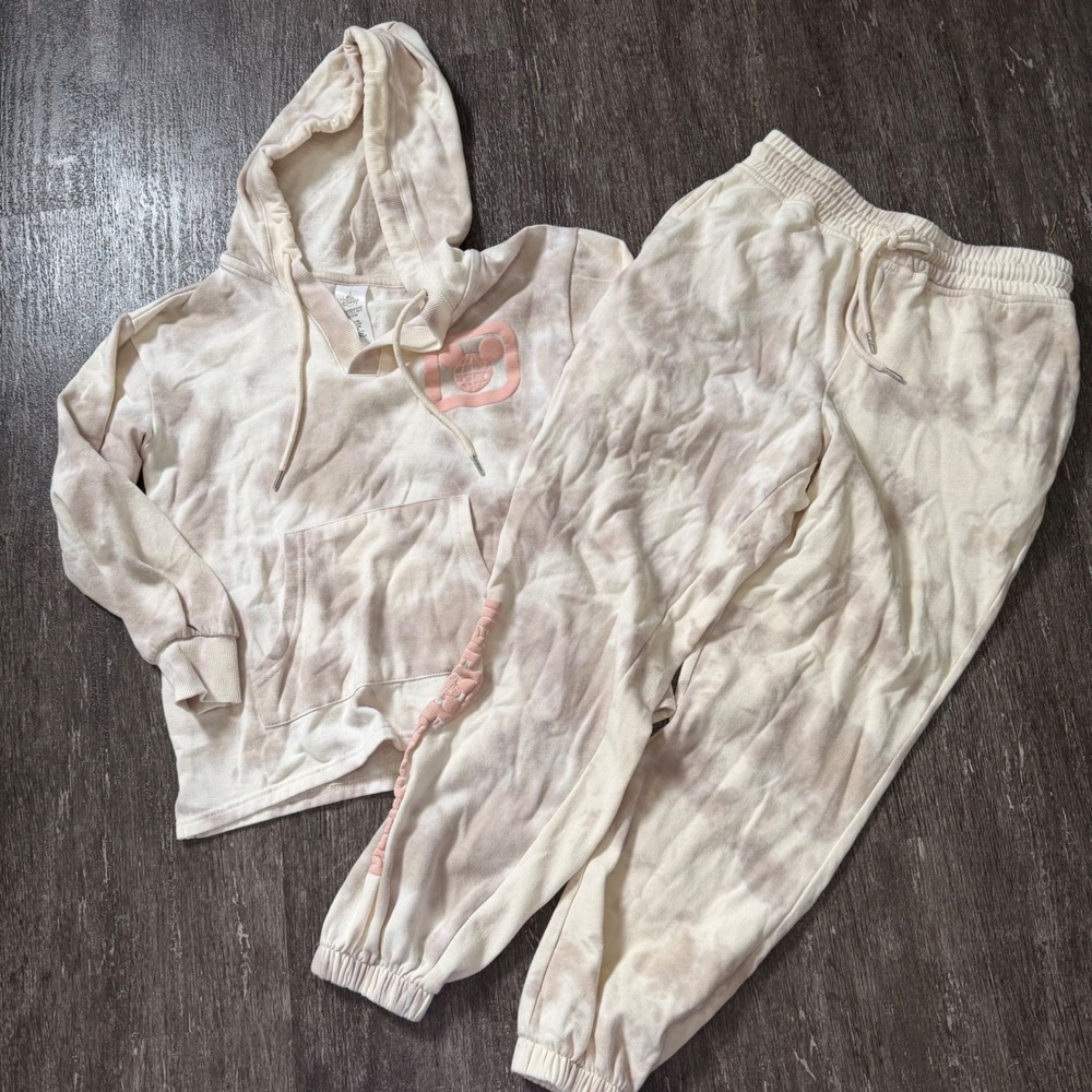 Disney World Tie Dye Hoodie Jogger Set Womens XS S Tan Pink Mickey‎ Mouse Lounge